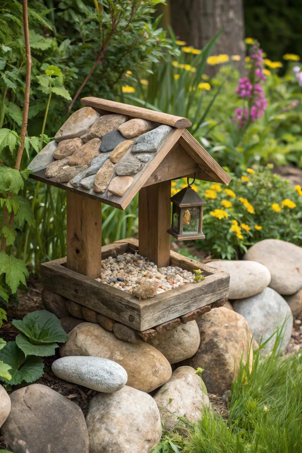 Natural materials create a harmonious garden feeder.