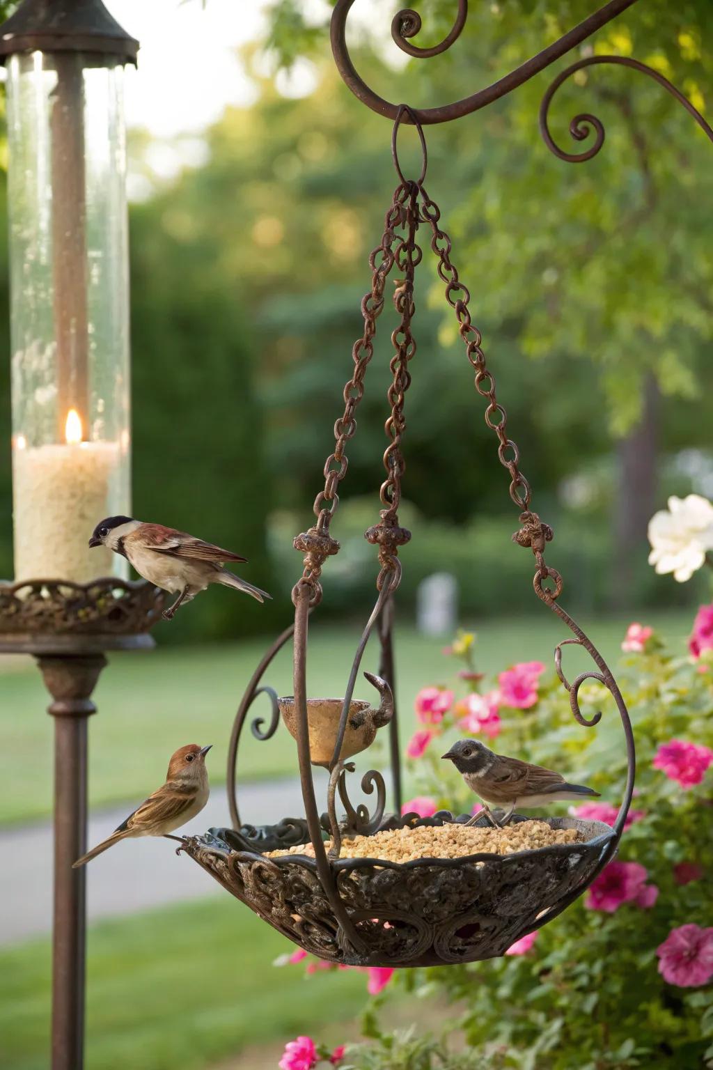 An ornate candle holder reimagined as a feeder.
