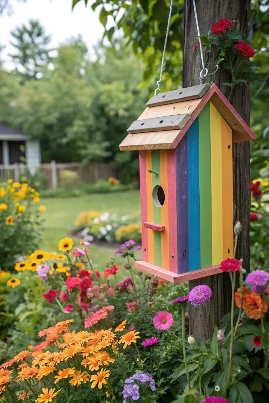 A burst of color with a painted wood bird feeder.