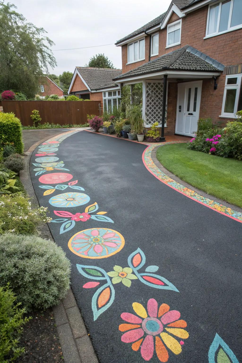 A playful driveway with creative painted patterns.
