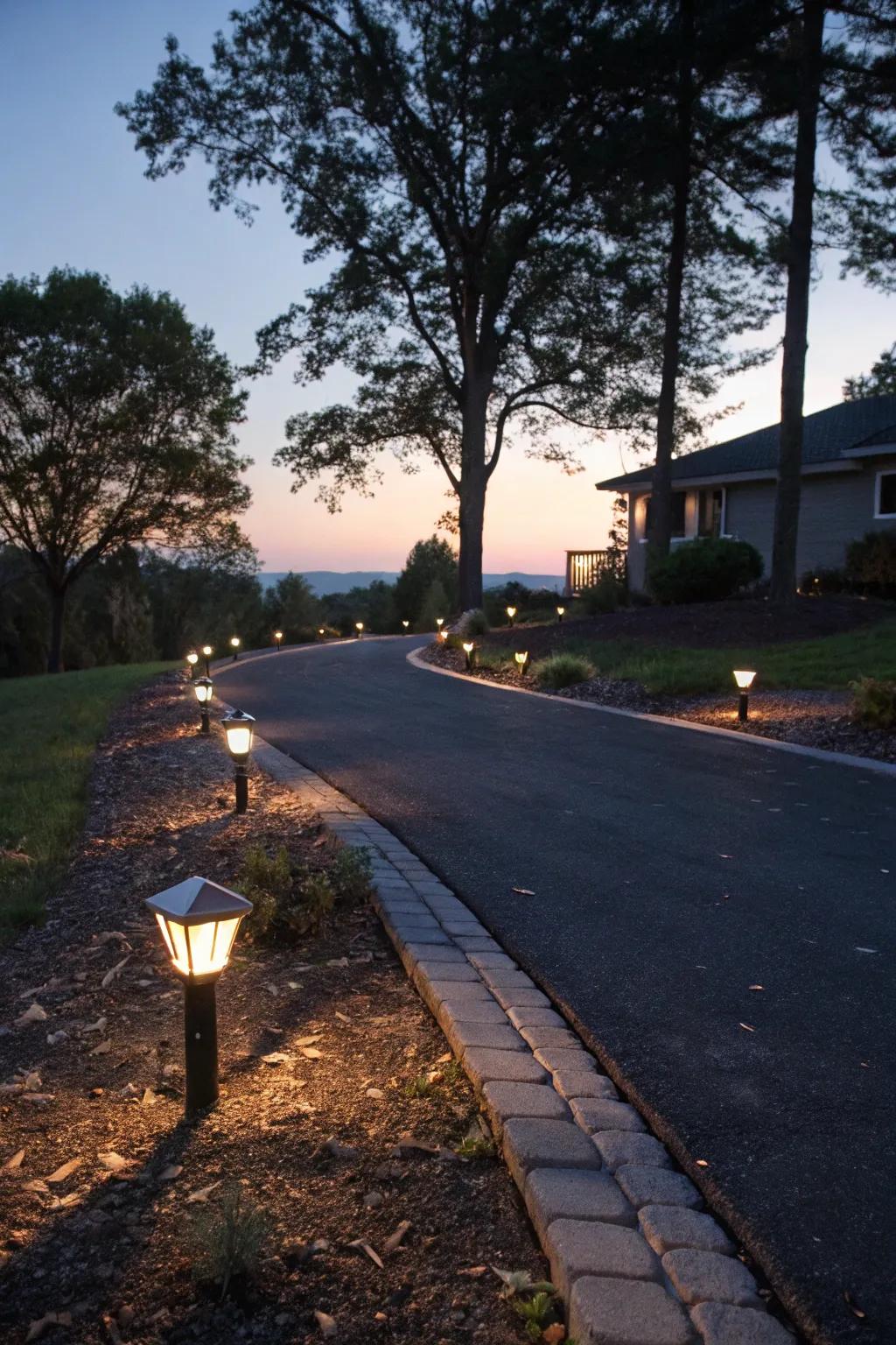 A driveway illuminated with solar lights for dramatic effect.