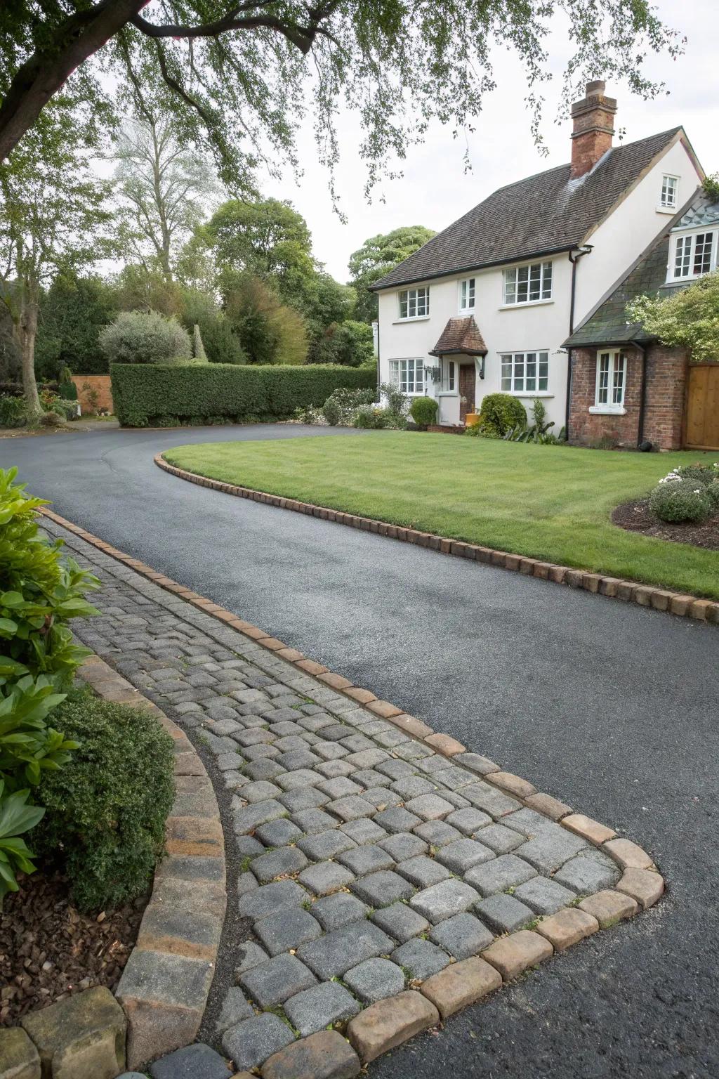 A driveway with classic cobblestone edging for timeless appeal.