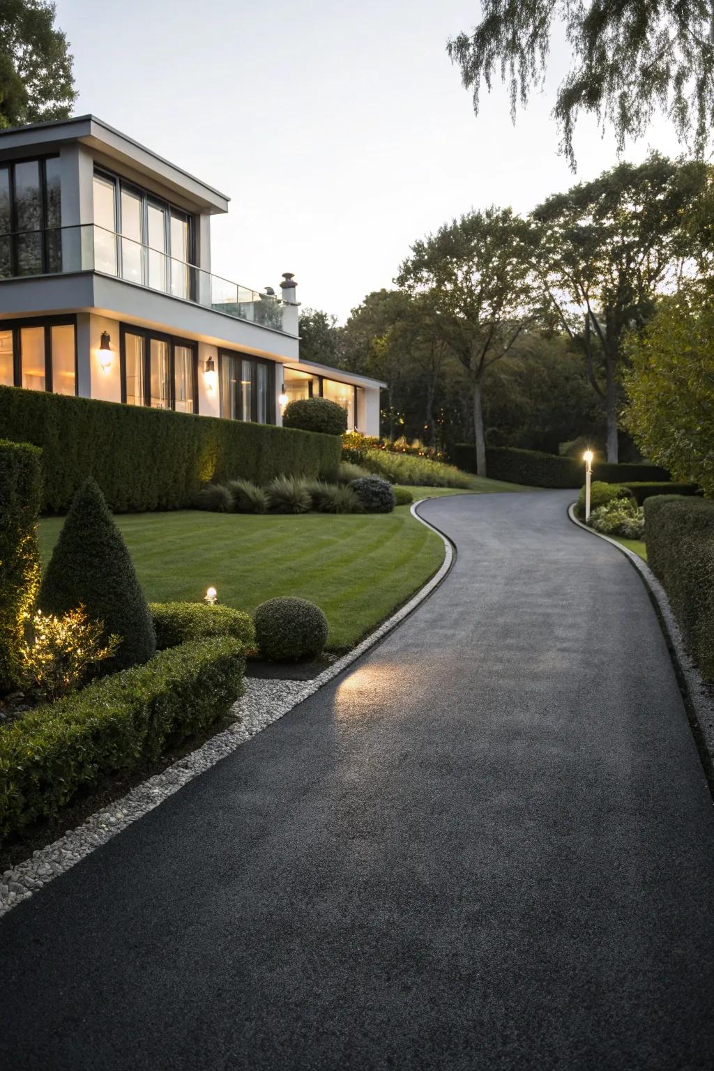 A driveway with a dark, sleek finish for a modern look.