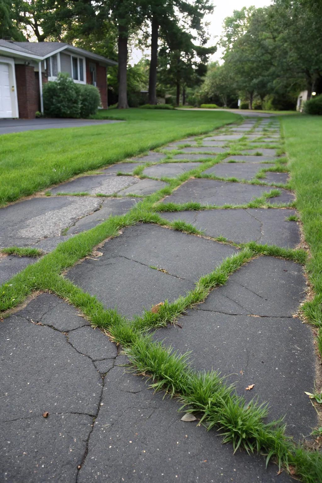 A driveway with green accents from grass-filled joints.