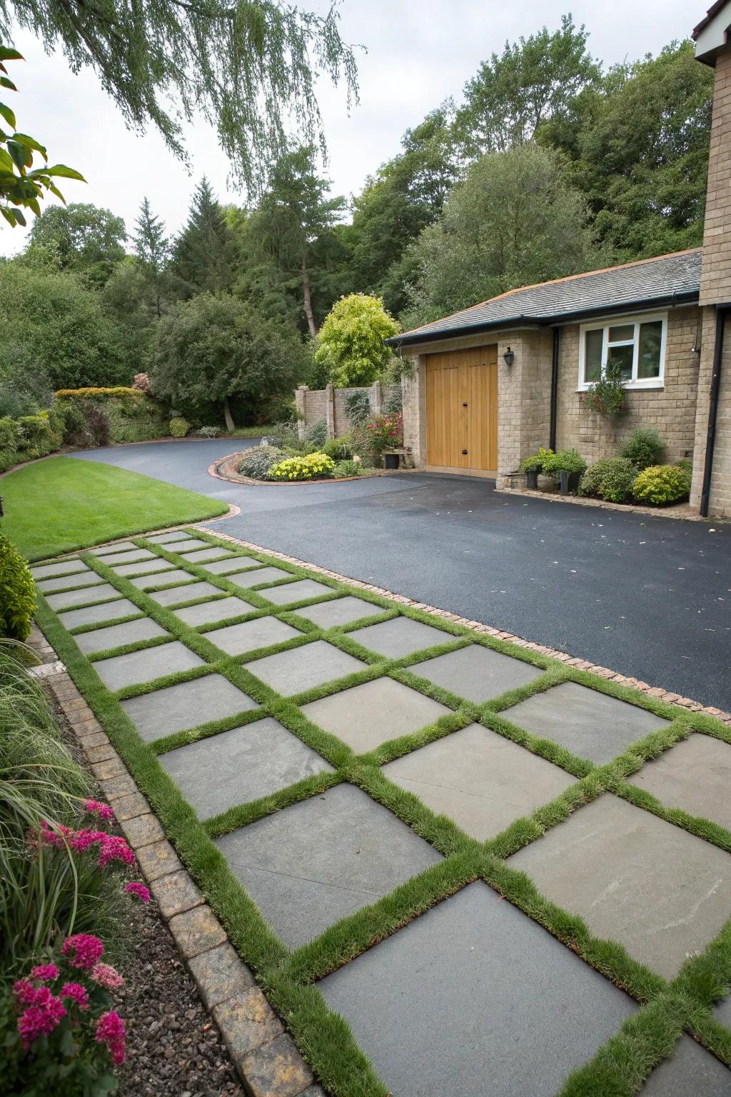 A driveway that beautifully integrates green elements.