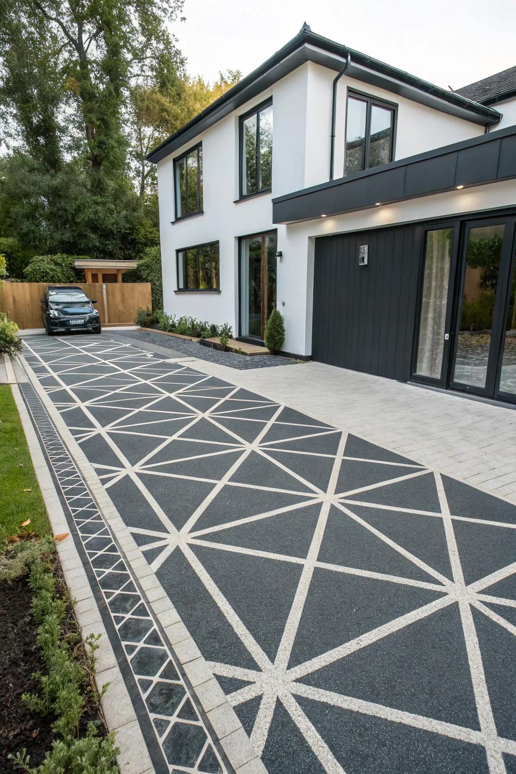 A driveway featuring a striking geometric pattern.
