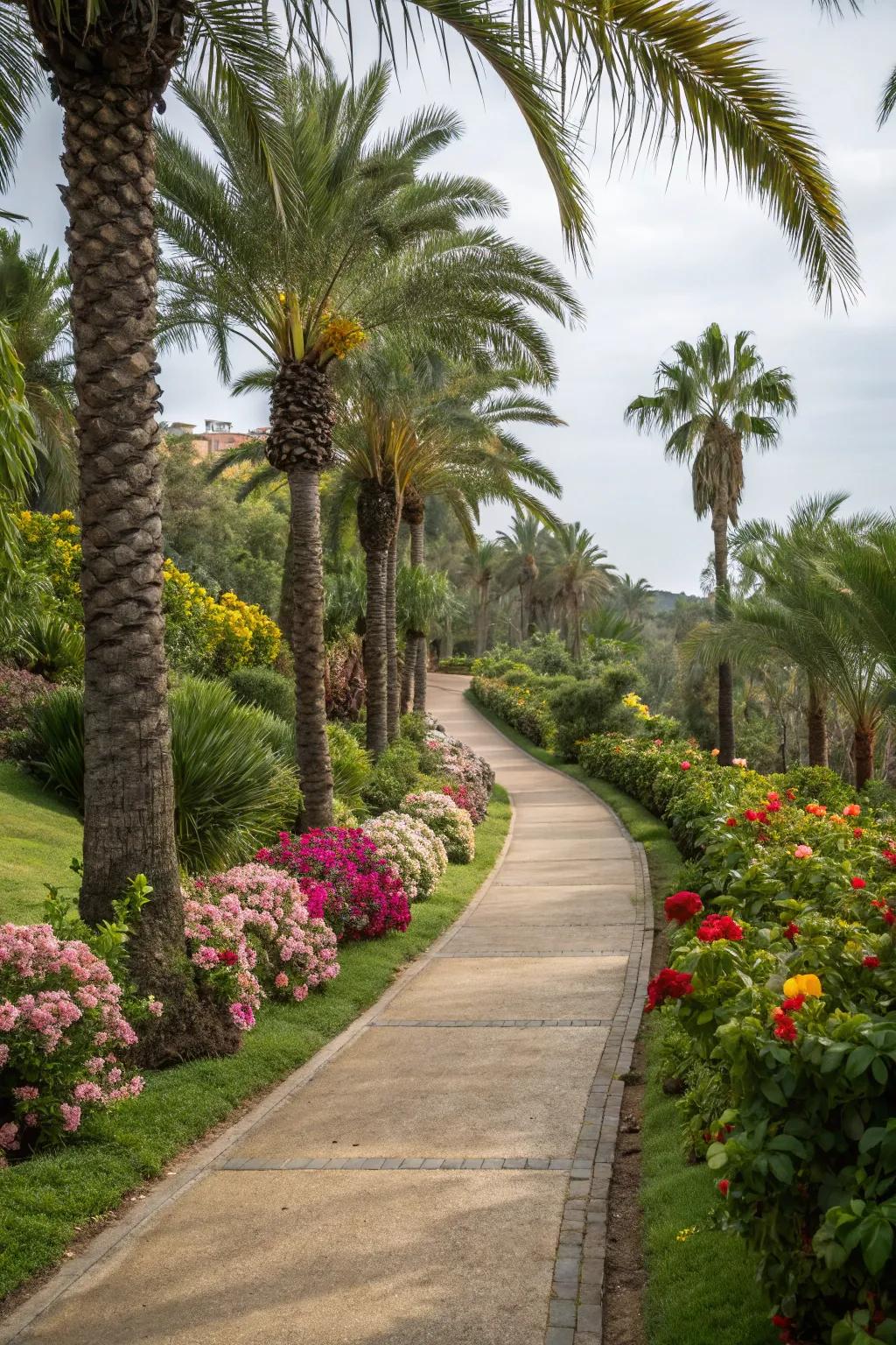 Palm trees add elegance to garden paths.