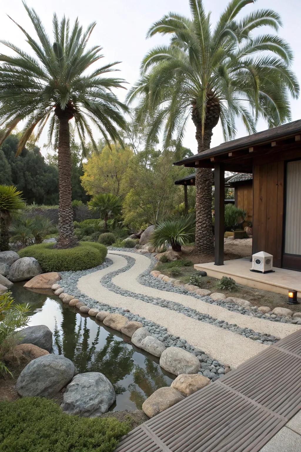 Palms enhance the tranquility of zen gardens.
