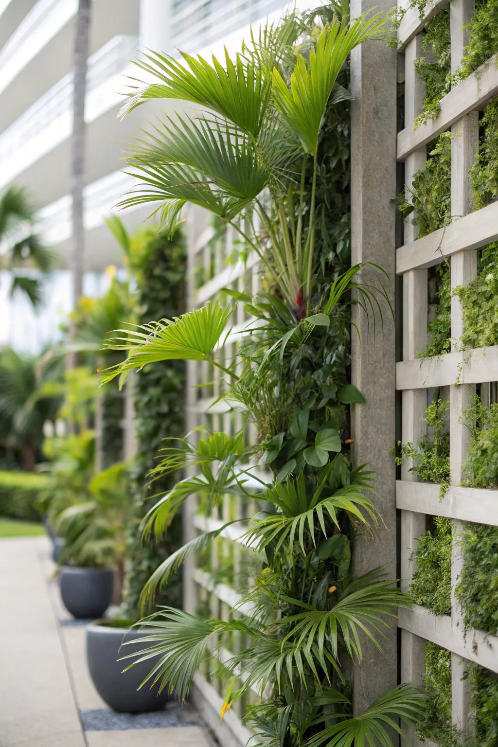 Vertical gardens maximize space with palms.