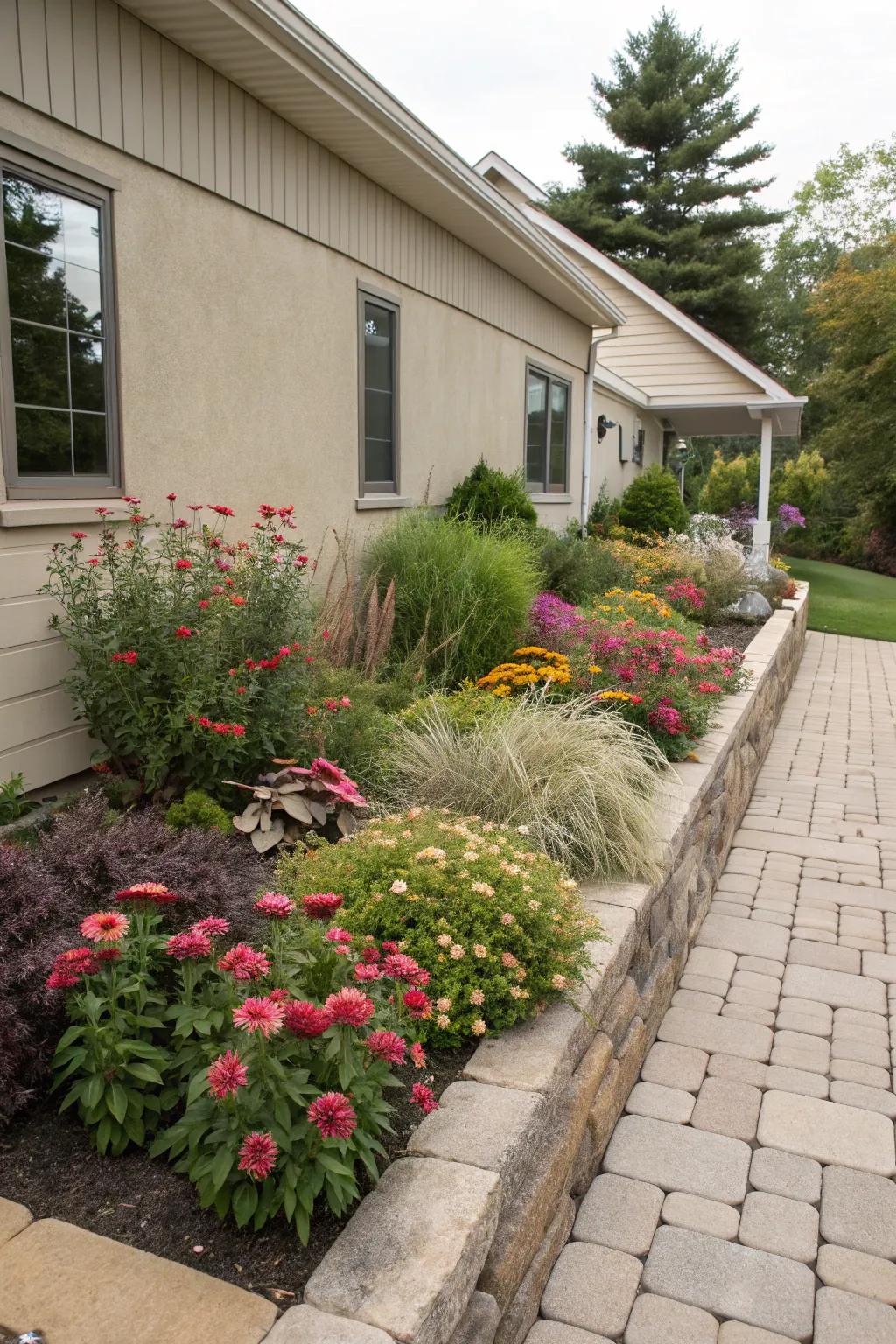 Layered planting creates depth and visual interest along the side of your home.