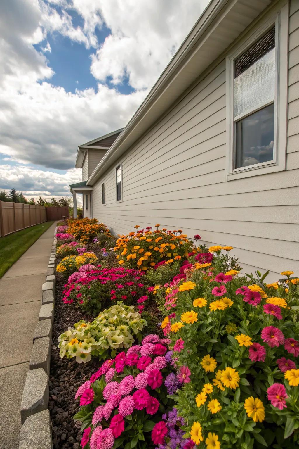 Bright flowers create a striking contrast against this neutral home.