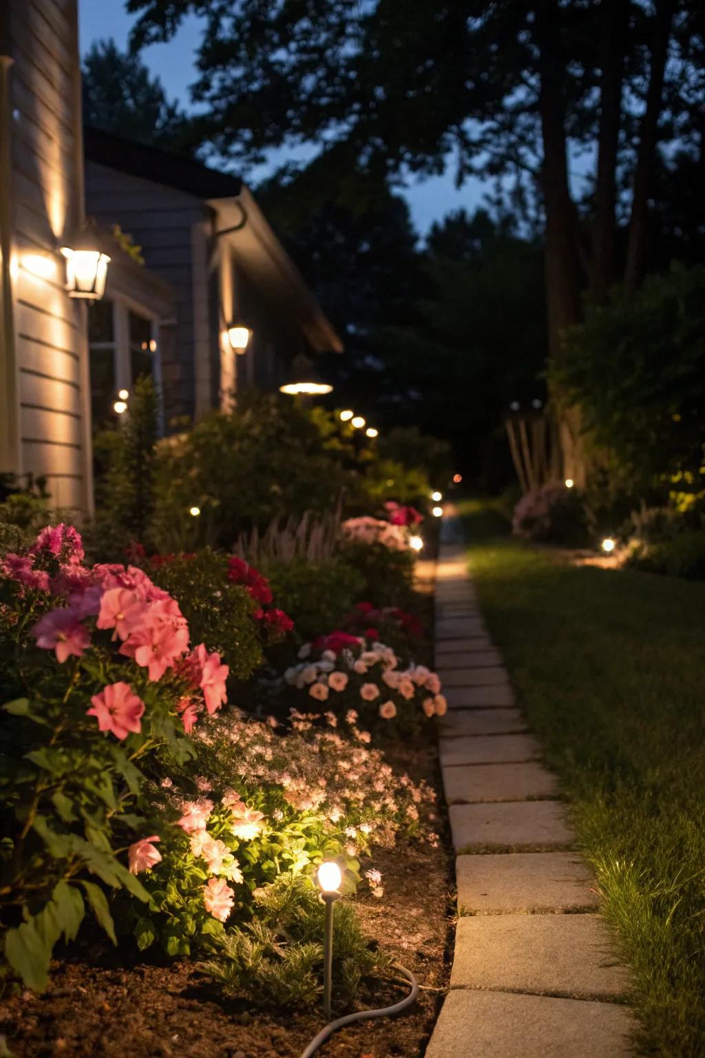 Lighting transforms your flower bed into a nighttime spectacle.