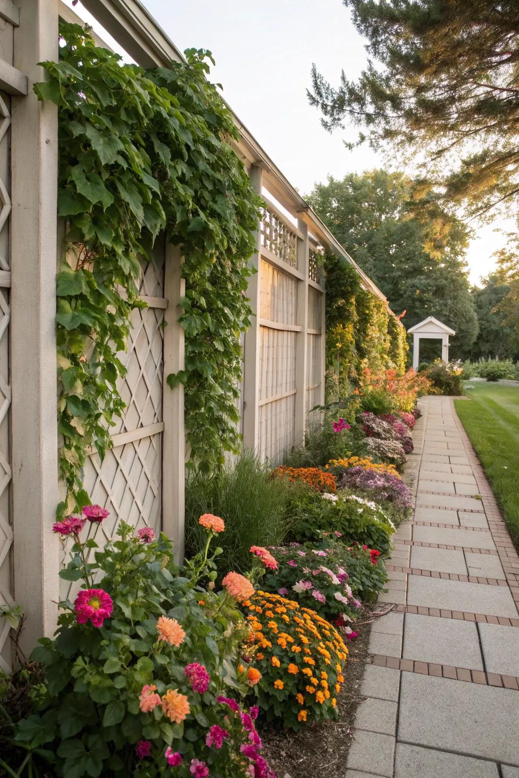 Vertical elements like trellises enhance height and interest.