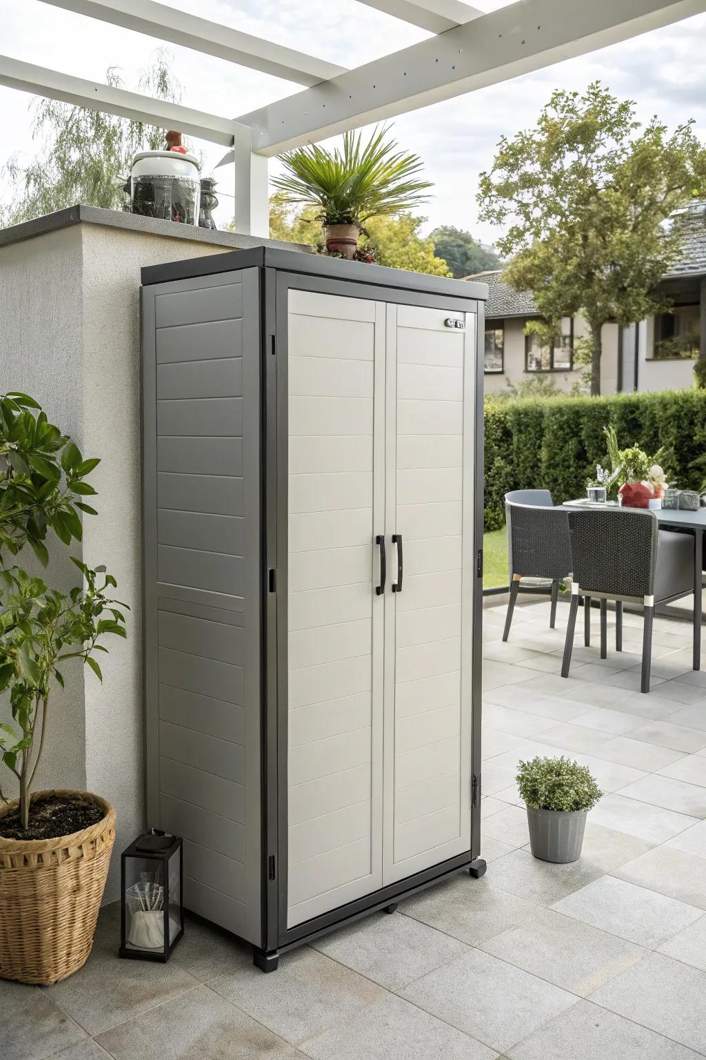 A stylish weatherproof cabinet on a patio, keeping essentials protected and organized.