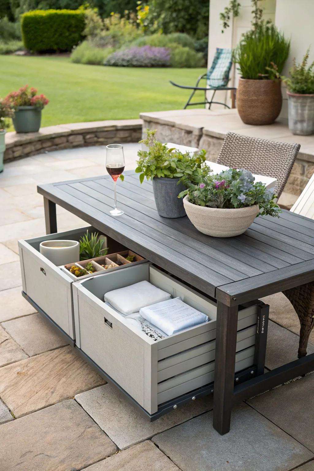 A clever use of under-table space for discreet storage.