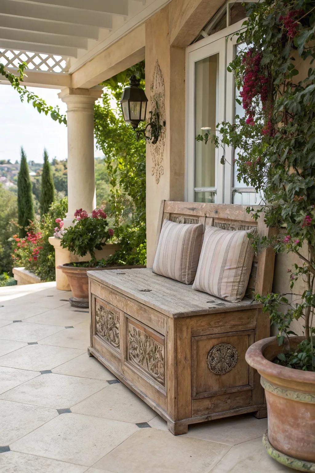 A stylish wooden bench on a patio, perfect for seating and storage.