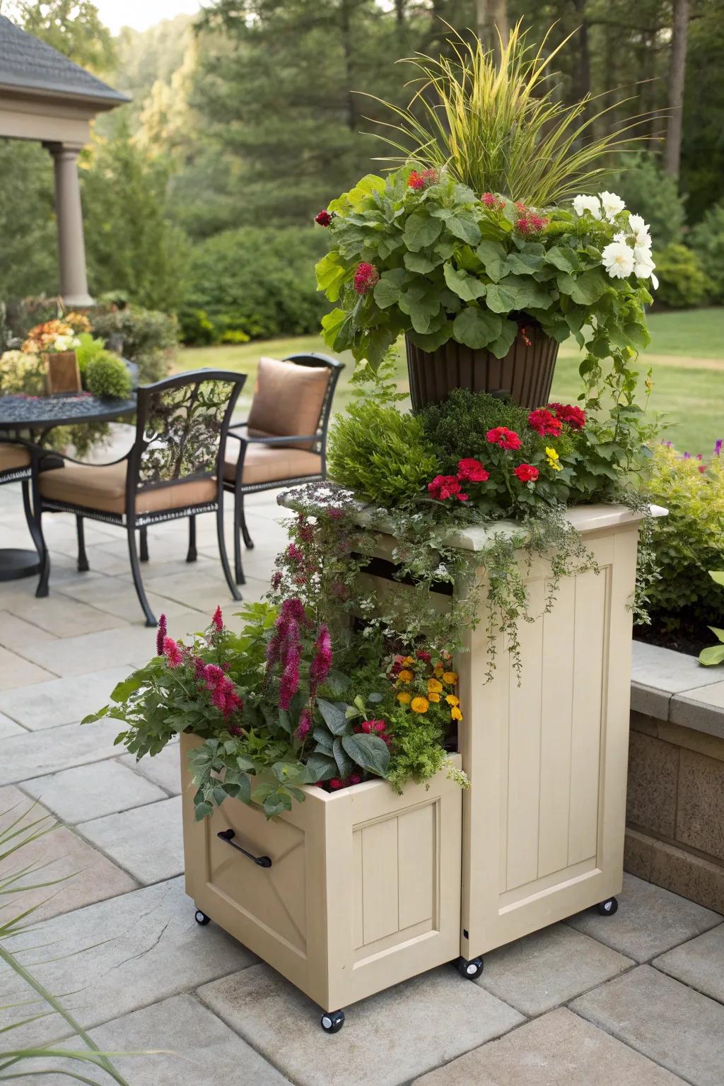 A lush planter with hidden storage, blending beauty and functionality.