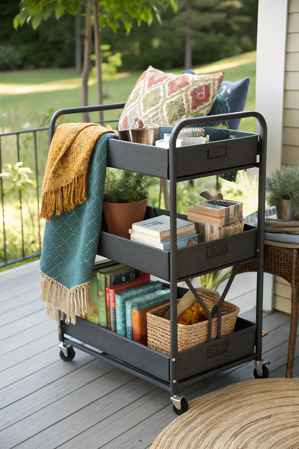 A versatile rolling cart providing flexible storage on a patio.