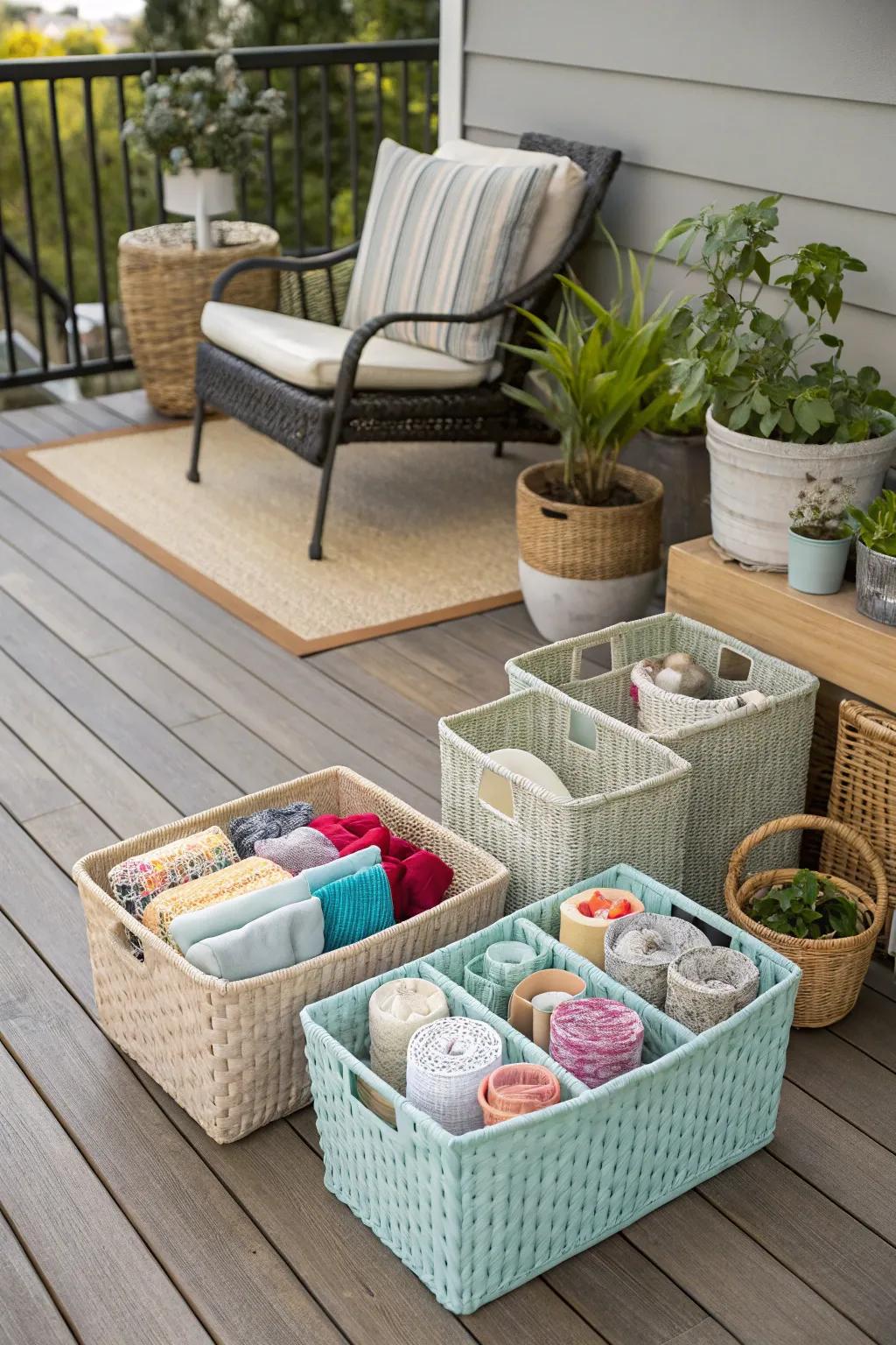 Chic decorative baskets that add charm and functionality to a patio.