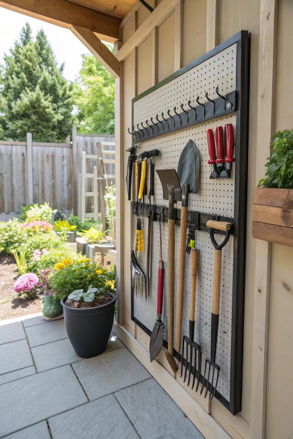 A neat wall-mounted tool rack organizing garden tools efficiently.