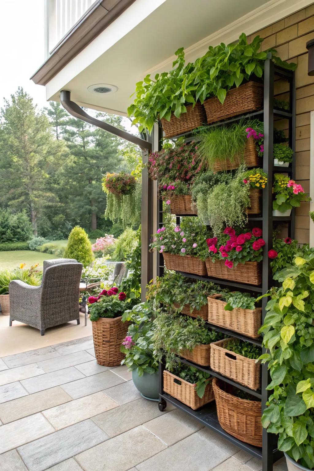 Vertical shelves on a patio, elegantly storing plants and garden tools.