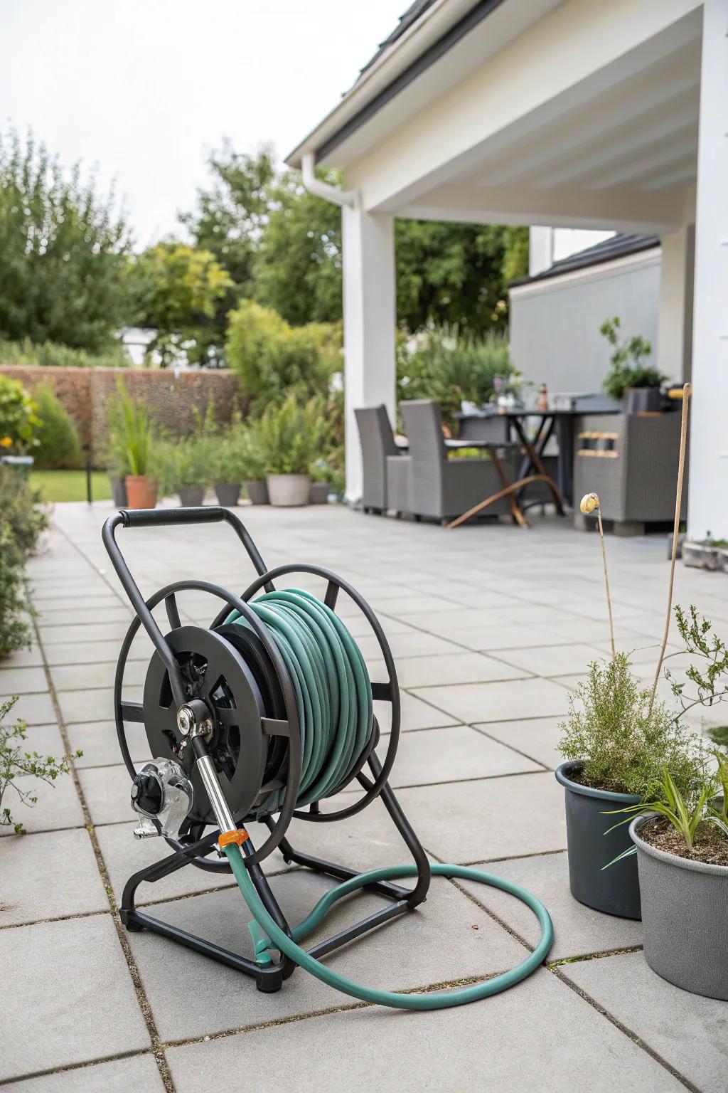 A stylish hose reel that keeps garden hoses tidy and accessible.
