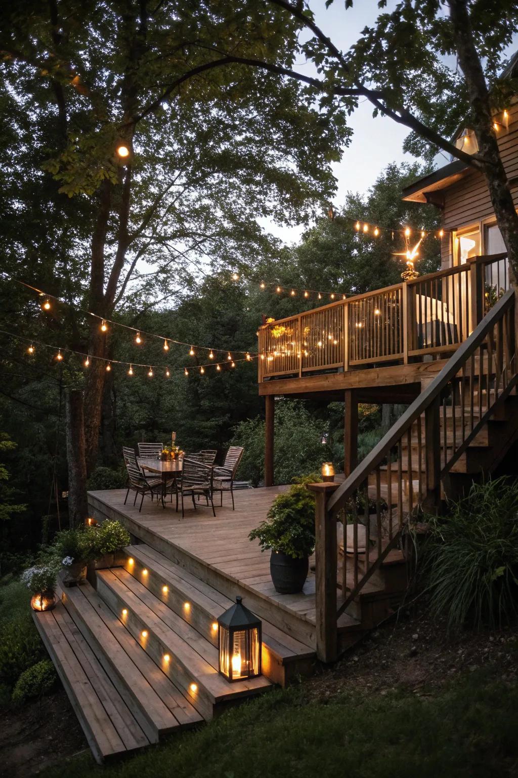 Enchanting lighting on a split-level deck.