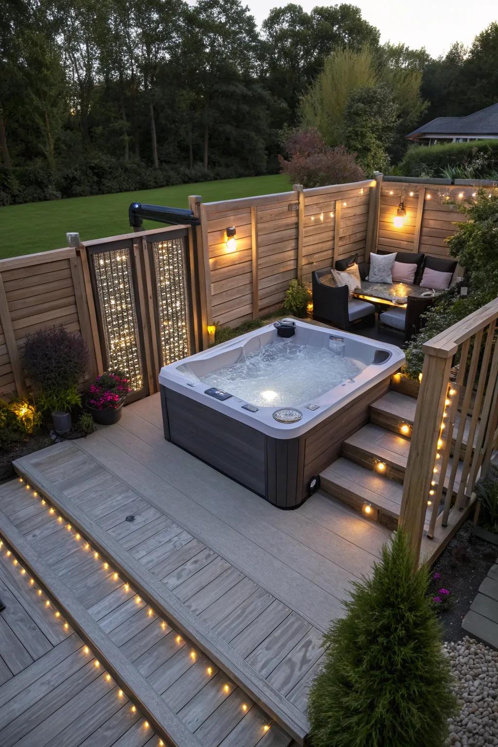 A luxurious hot tub on a split-level deck.