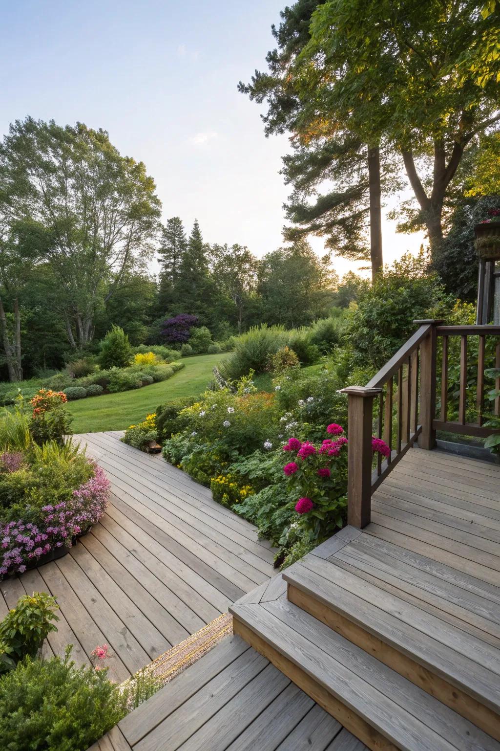 A deck that harmoniously integrates with the landscape.