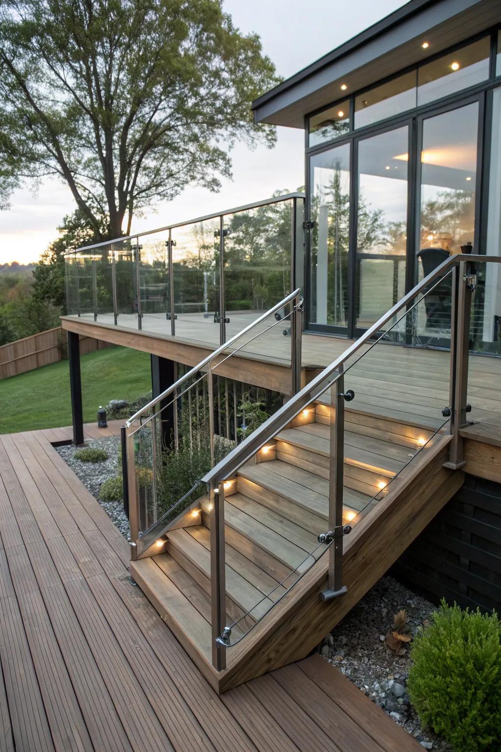A dynamic multi-material design on a split-level deck.