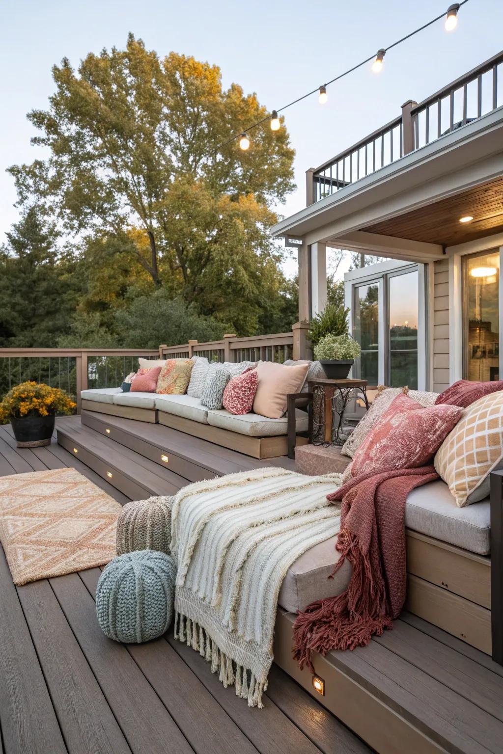 A focus on comfort with plush seating on a split-level deck.