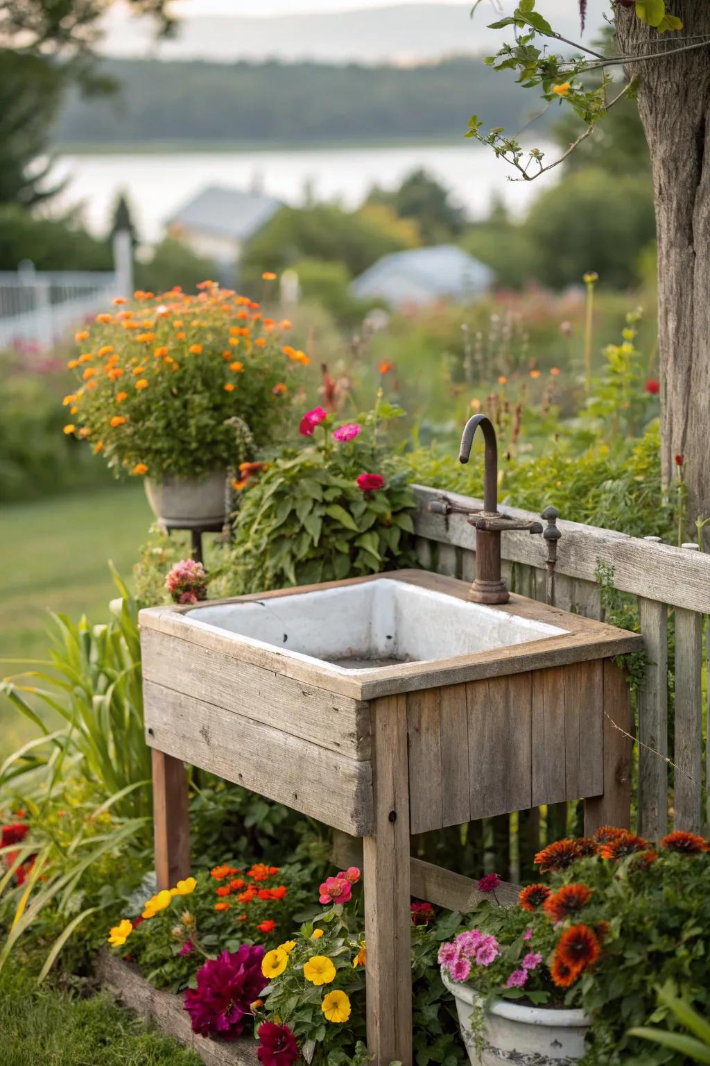 Rustic wooden outdoor sink perfectly complements a garden setting.