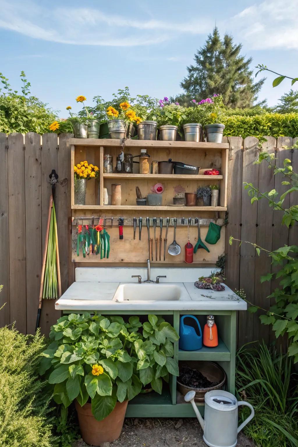 Functional hooks and shelves keep your gardening tools organized.