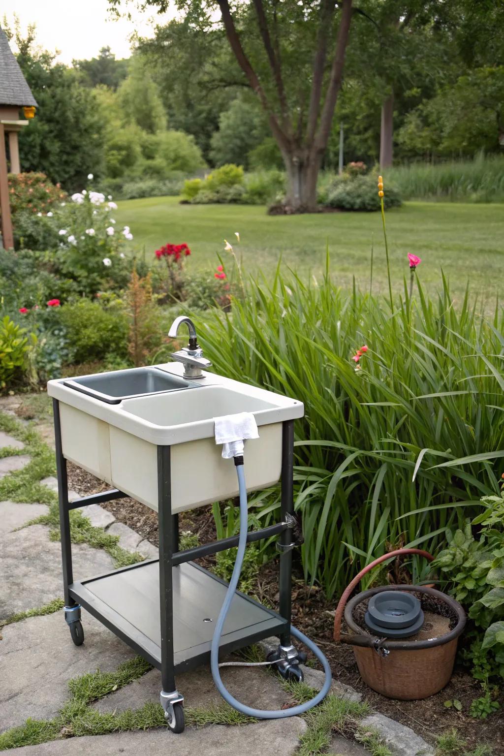 Portable sink provides flexibility for outdoor tasks.