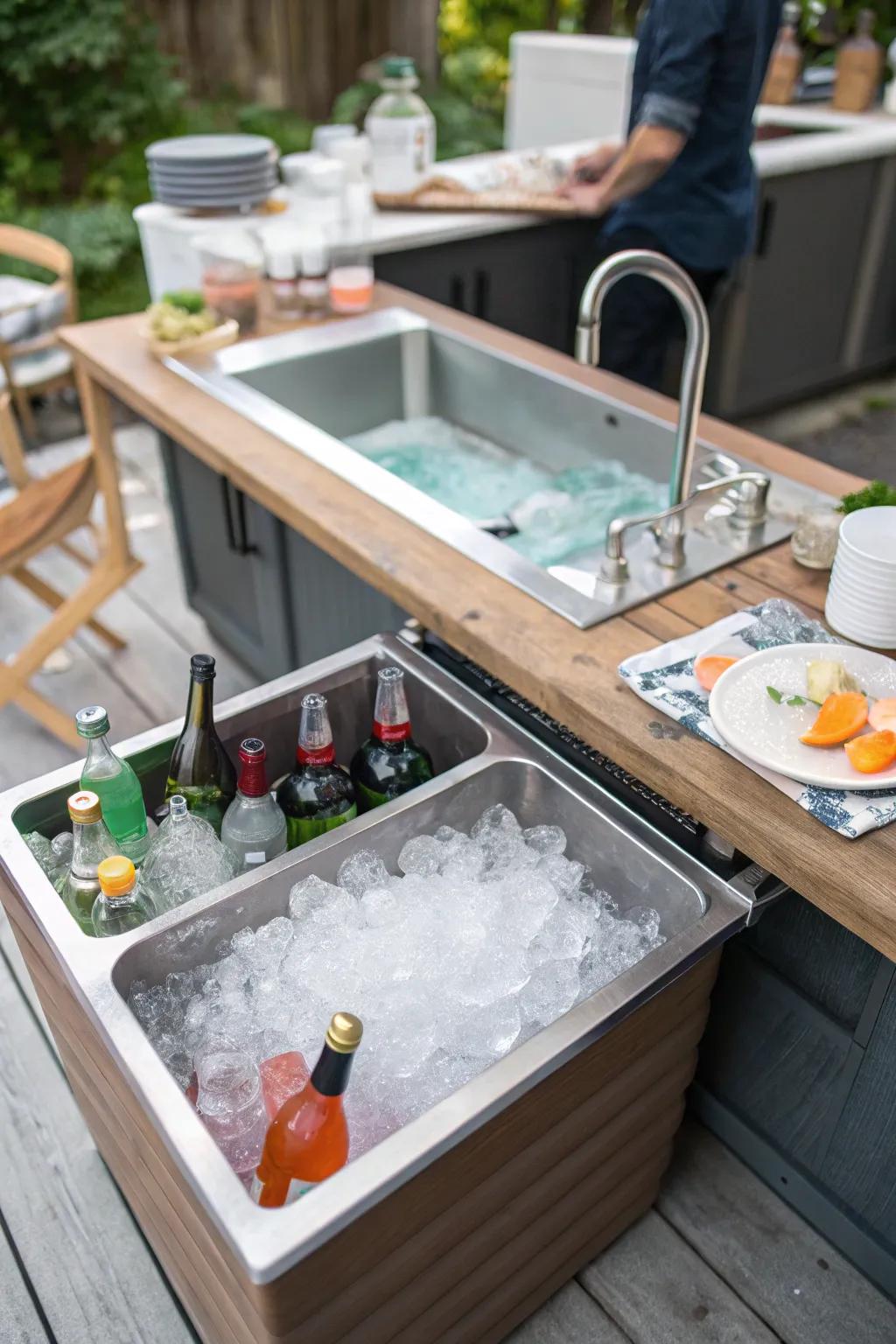 An outdoor sink that doubles as a refreshing beverage station.