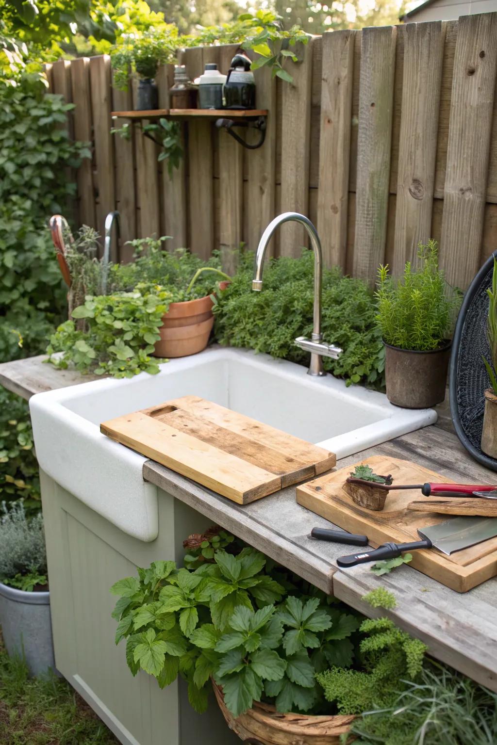 Customizable sink with built-in cutting board for outdoor cooking.