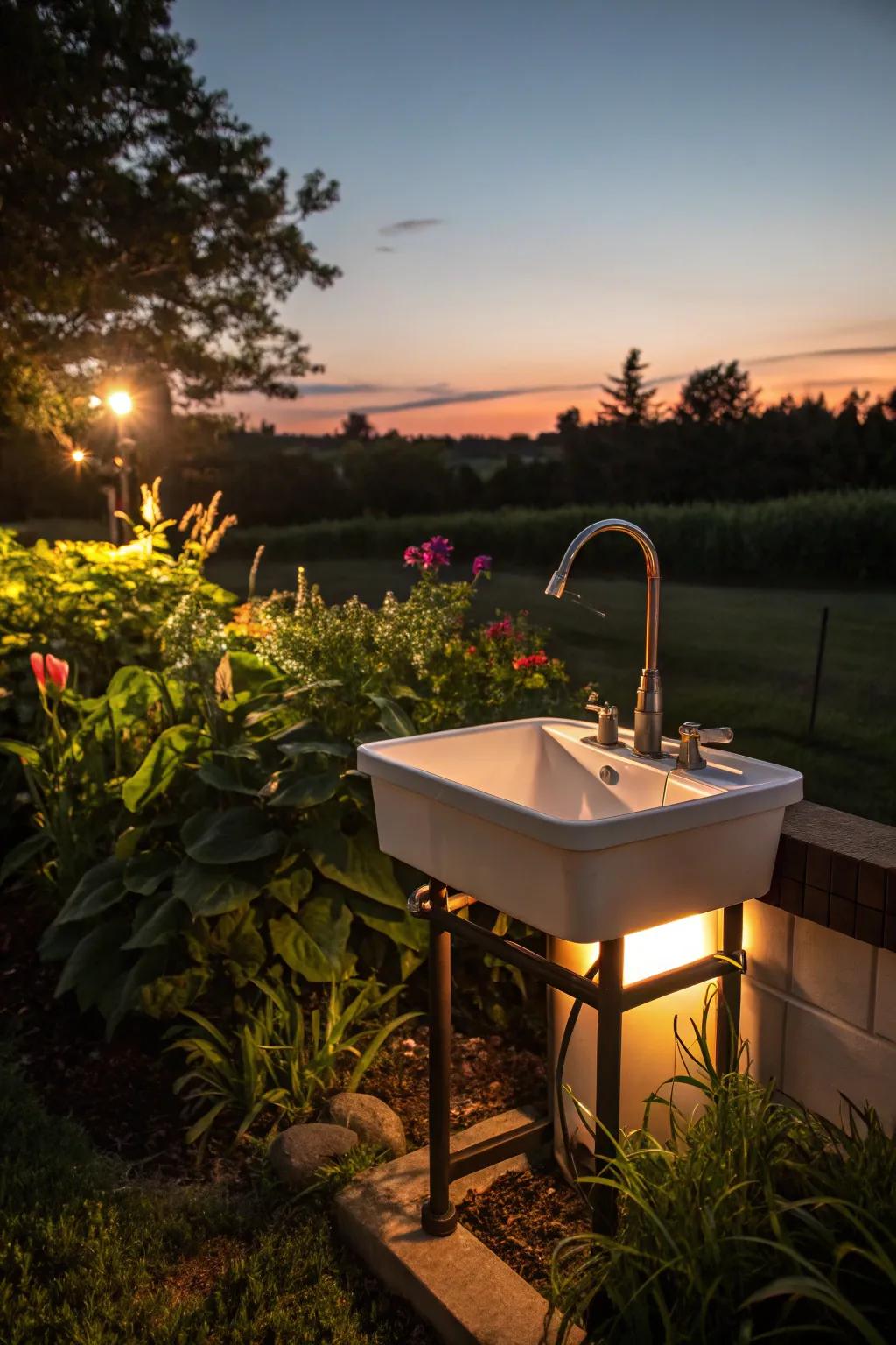 Outdoor sink with lighting creates a magical evening atmosphere.