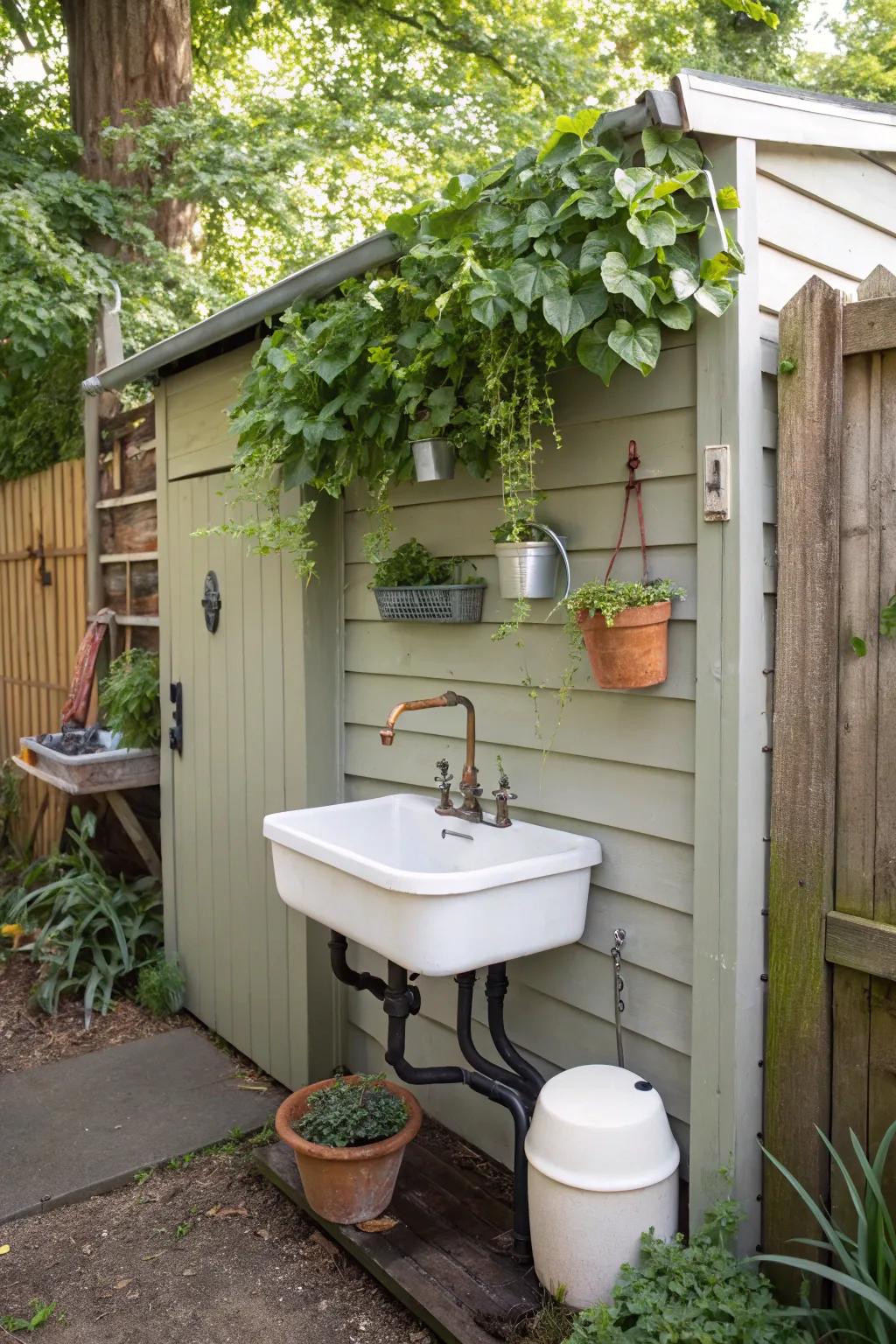 Space-saving wall-mounted sink for garden sheds.