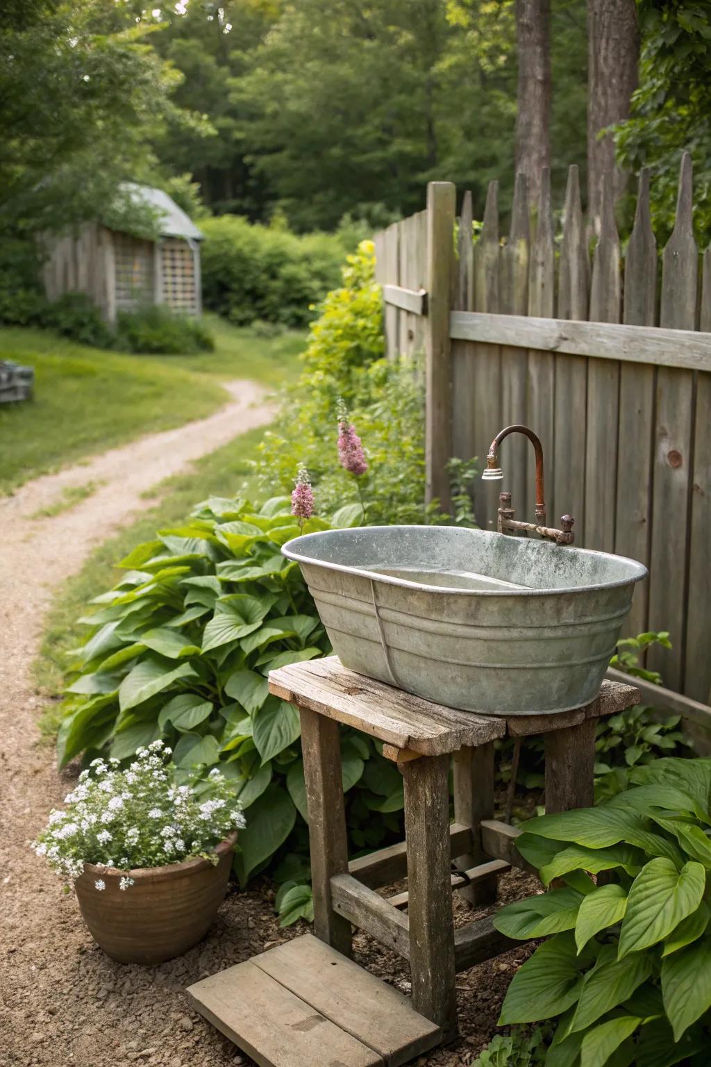 Galvanized tub sink adds vintage charm to any garden.