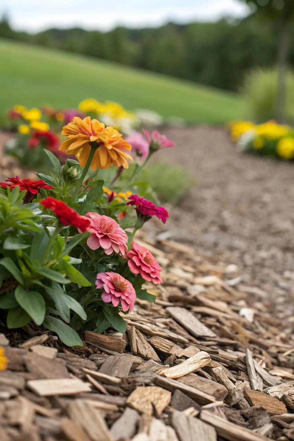 Enhance your flower beds with the texture of wood chips.