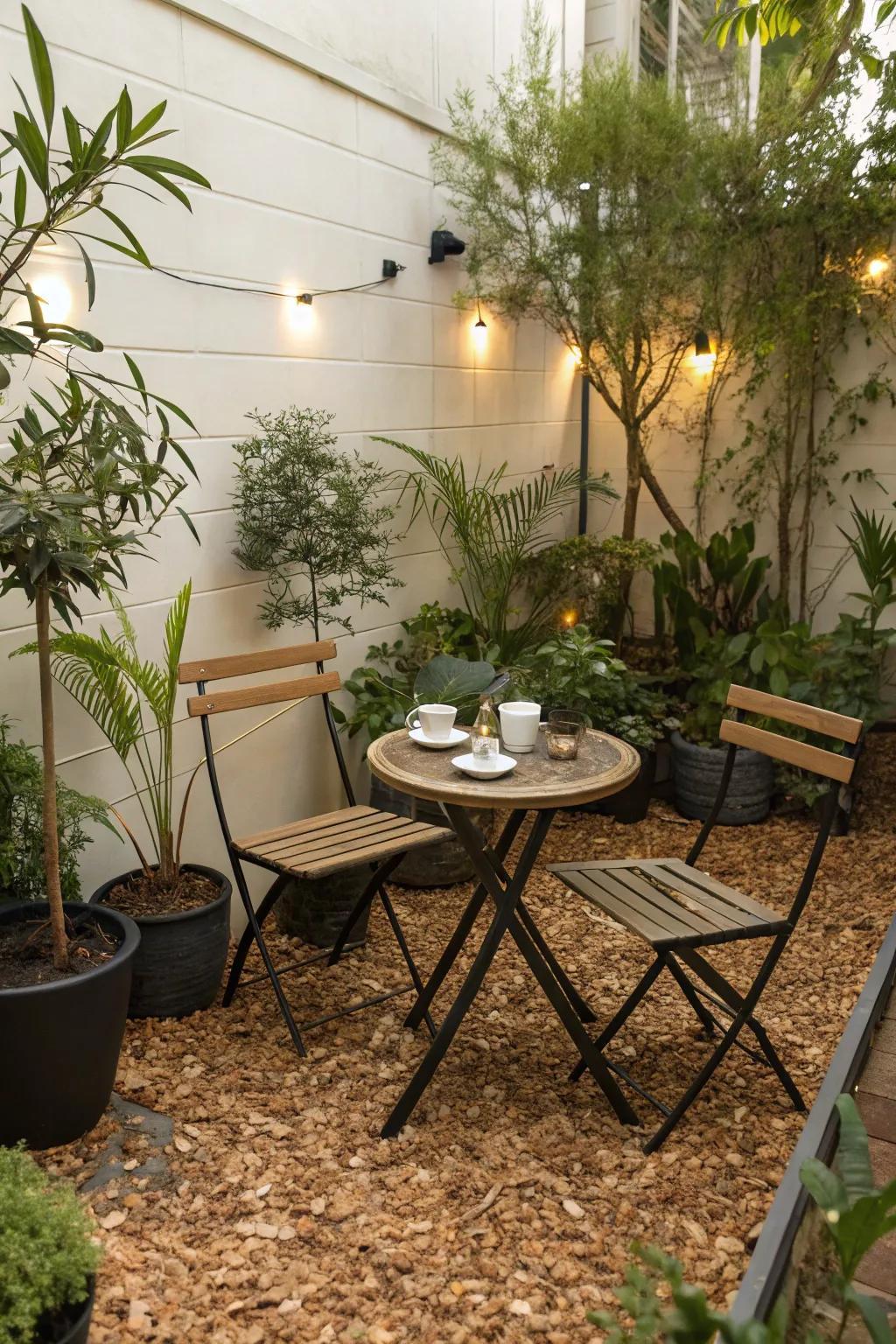 Wood chips make for a charming and affordable patio surface.