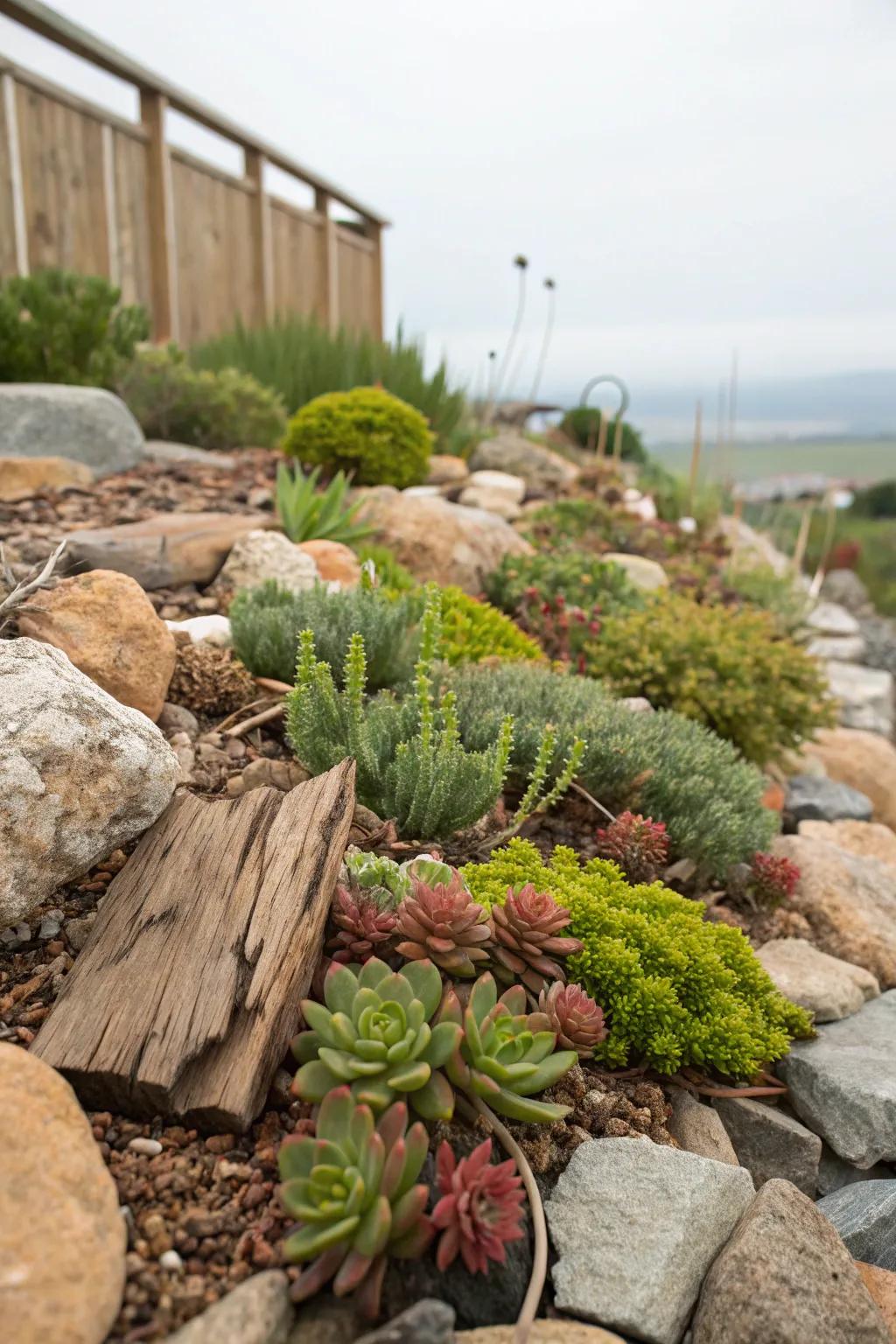 Add an earthy element to rock gardens with wood chips.