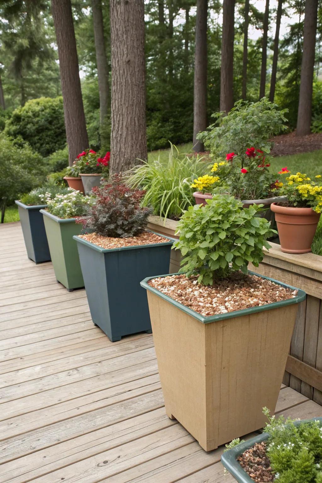 Wood chips add a decorative finish to potted plants.