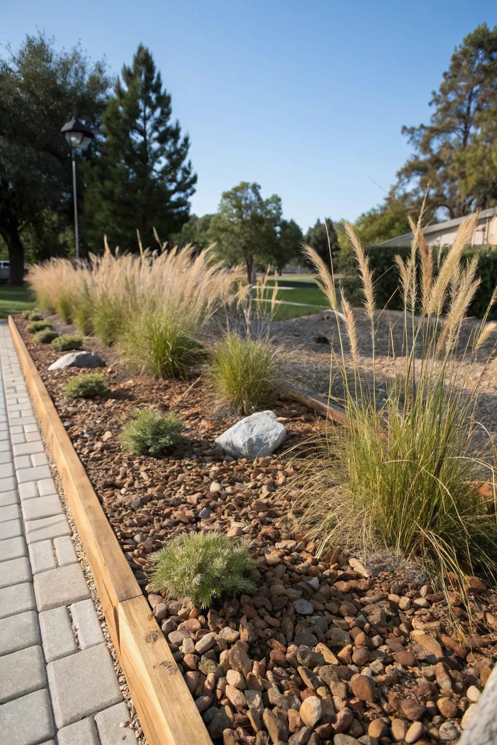 Combine wood chips and river rocks for a standout garden feature.