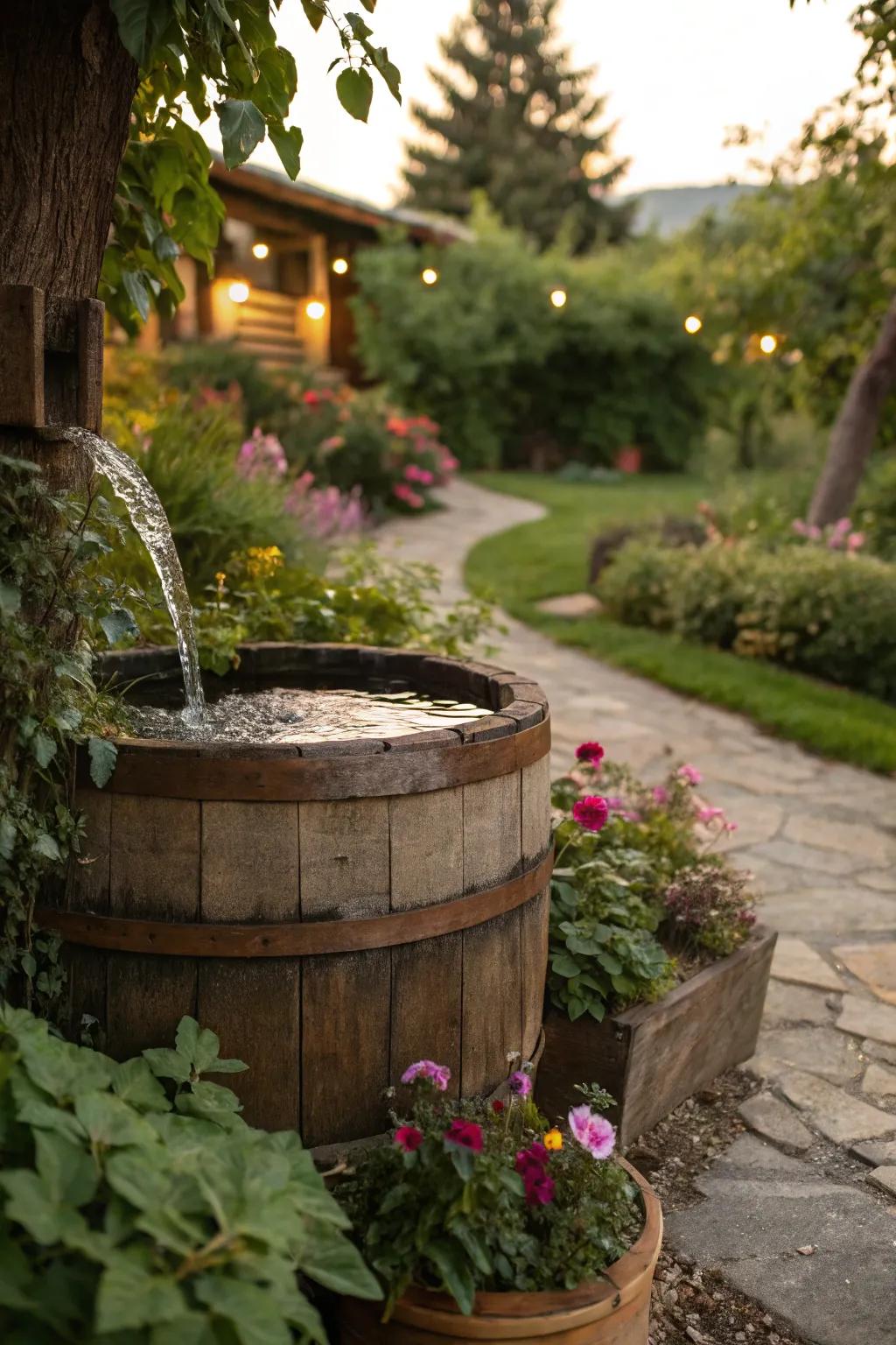 A rustic barrel fountain adds vintage charm and soothing sounds to your garden.