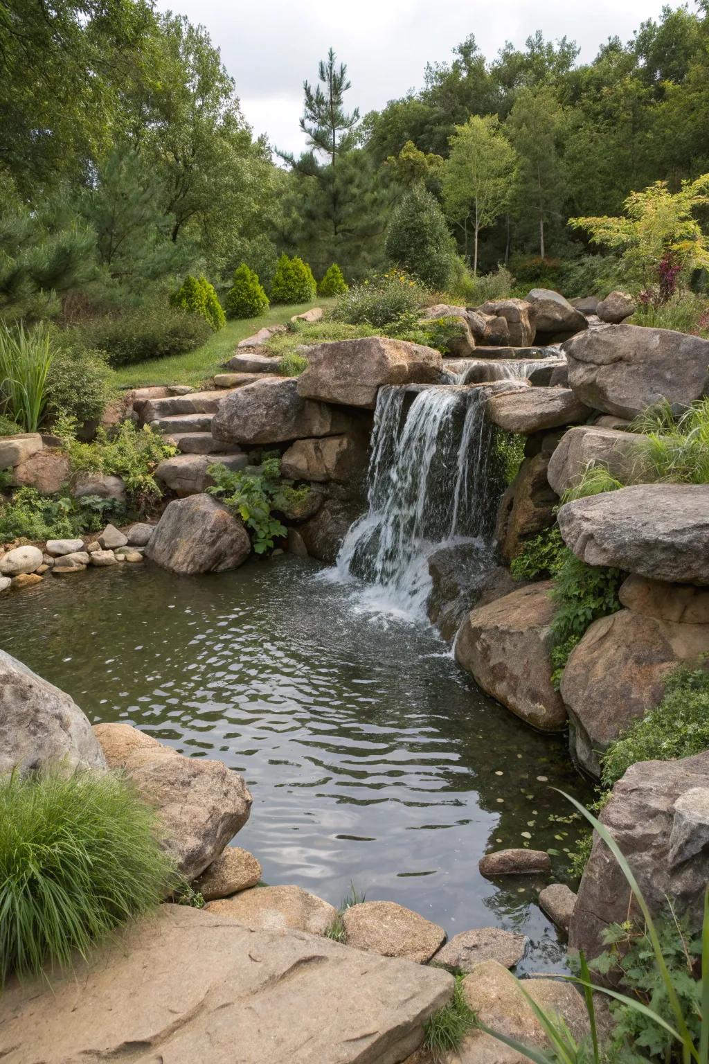 A natural stone waterfall adds a touch of wilderness to any garden.