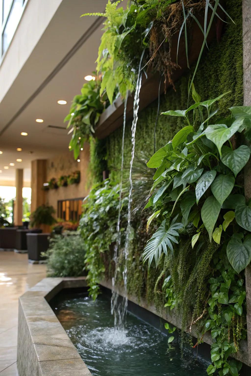 An eco-friendly vertical garden fountain merges greenery with flowing water.