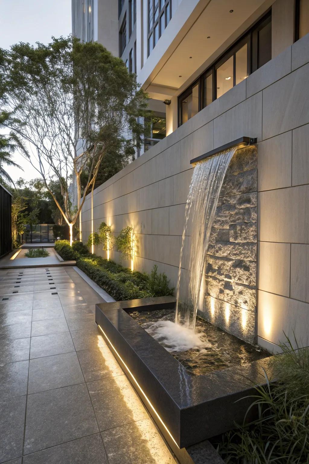 A contemporary wall fountain brings elegance and tranquility to small spaces.