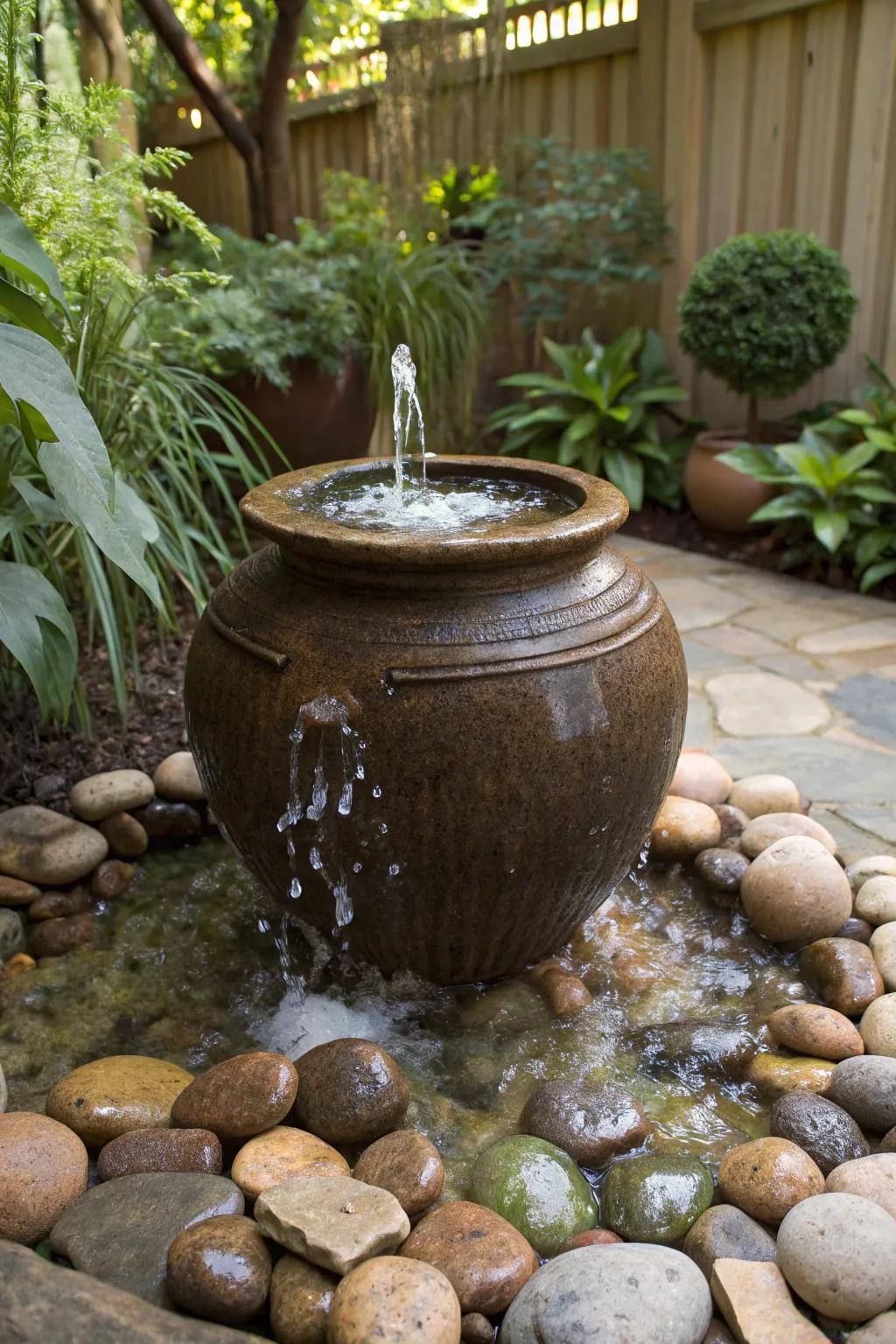 A bubbling urn fountain brings elegance and a gentle soundscape to any patio.