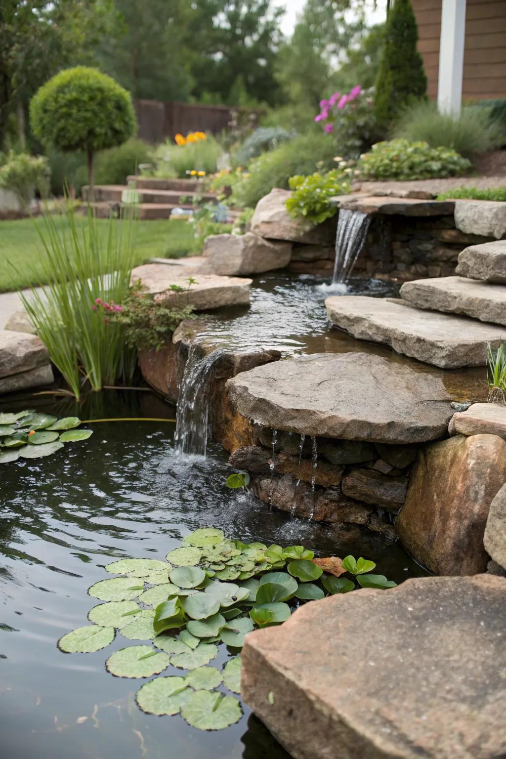 A tiered patio pond adds layered beauty and soothing sounds to outdoor spaces.